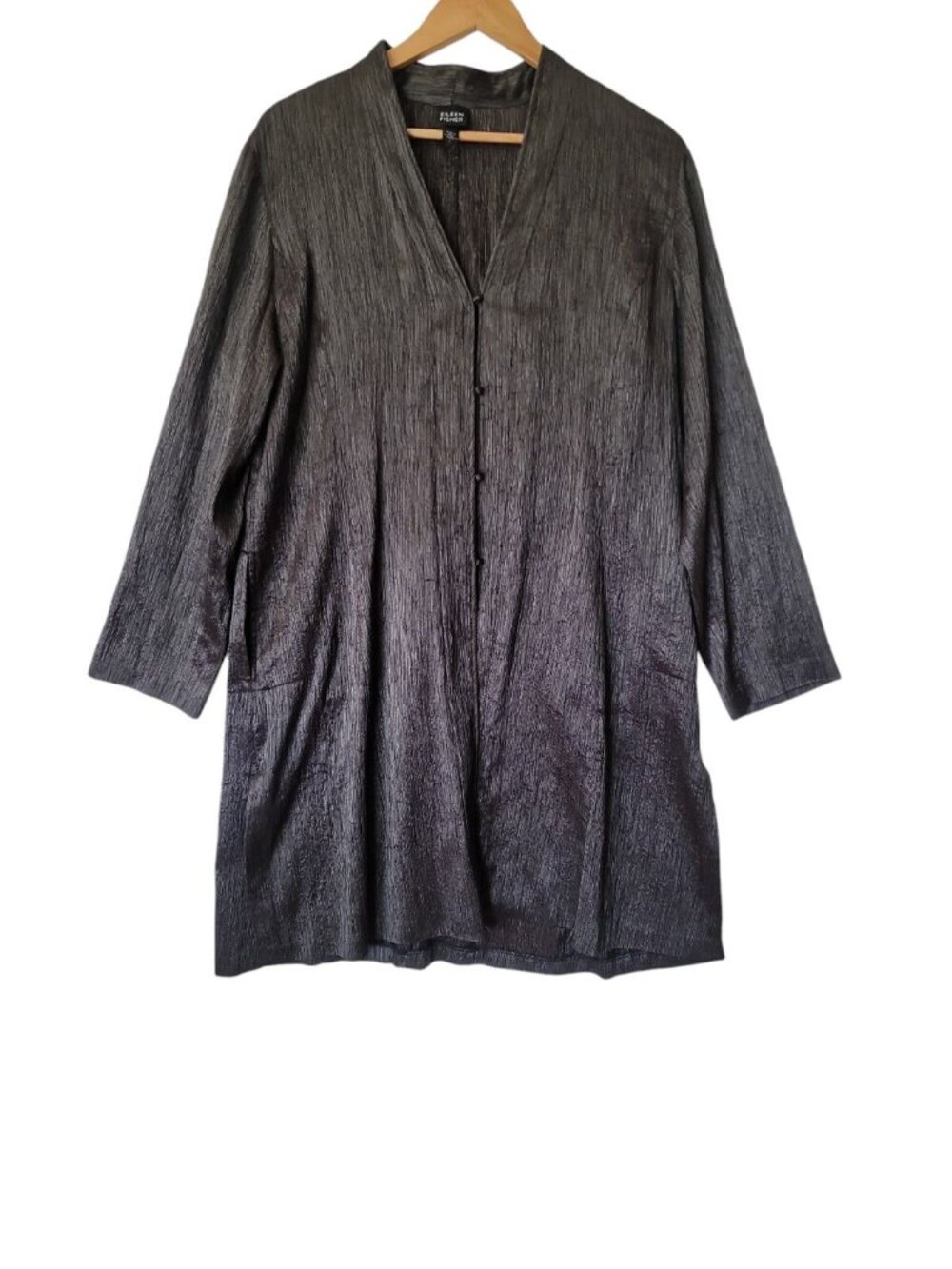 Eileen Fisher Silk Wool Metallic Crinkle Jacket V-Neck Fabric Buttons Pocket LG
